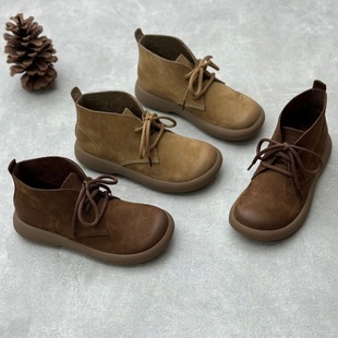 Vintage Cotton and Linen Style Genuine Leather Women's Single Boots Round Toe Mori Style Casual Lace-Up Women's Short Boots Soft Bottom Flat Heel Cowhide Boots