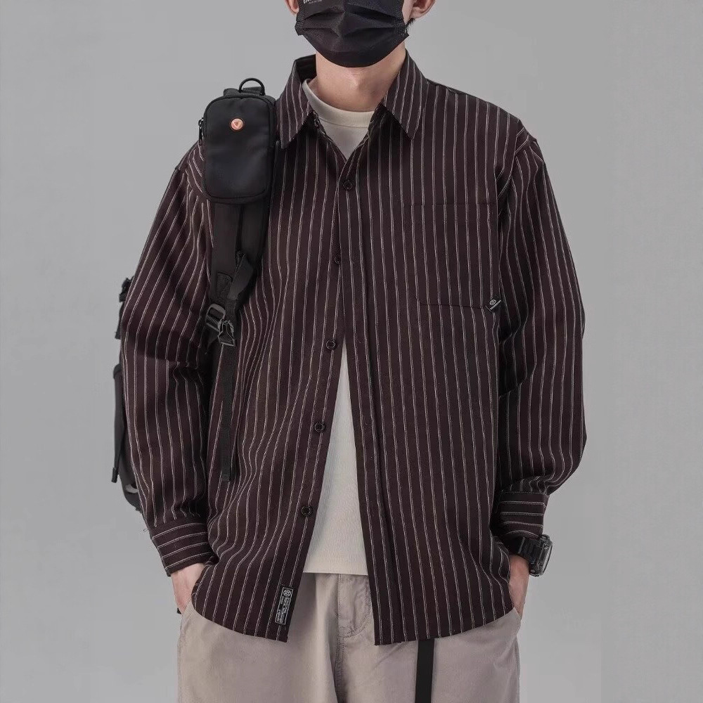 2025 Fashion Brand Loose Japanese Style Retro Vertical Stripesd Long-Sleeved Shirt Men's Trendy Casual Shirt Work Jacket