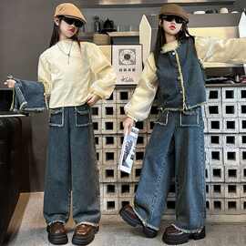 女童牛仔裤套装秋季2025新款中大童韩版马甲宽松阔腿裤子三件套潮