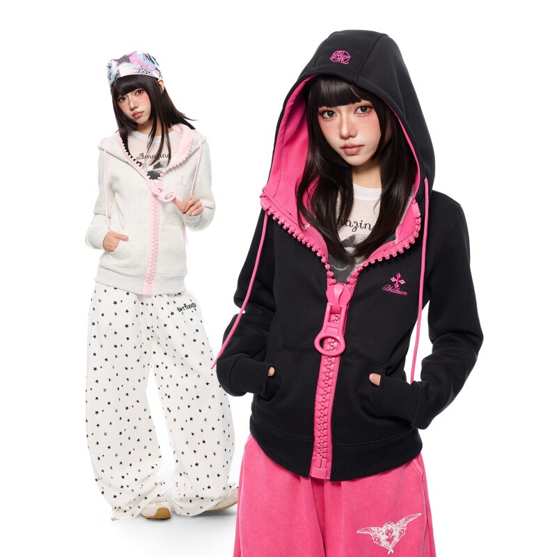 Oversized zipper, American retro color-block short hooded sweatshirt, women's light Asian-style zipper cardigan Oversized zipper, American retro color-block short hooded sweatshirt, women's light Asian-style zipper cardigan
