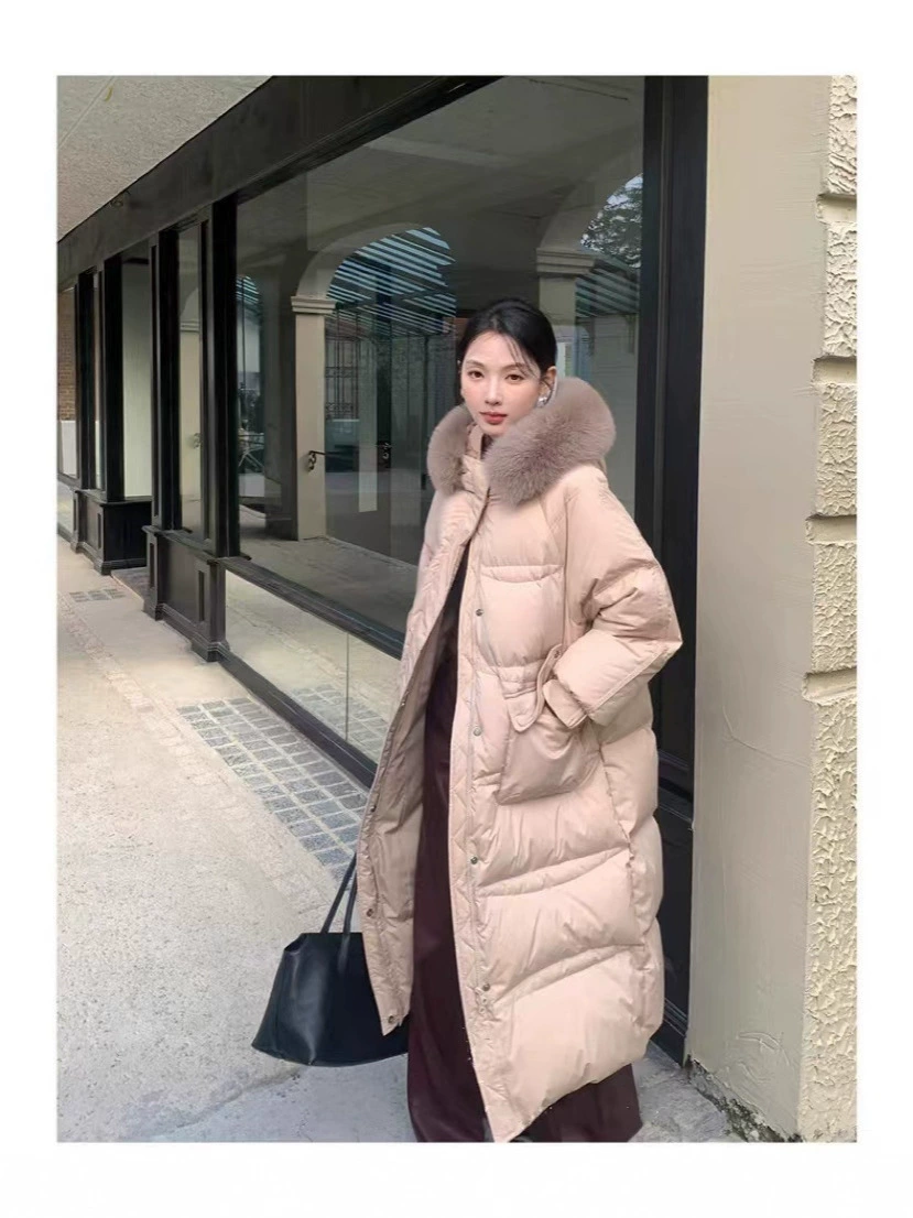 Long Down Jacket, Velvet Shell, Duck Down Fill, Maxi Length, Thickened Winter Coat