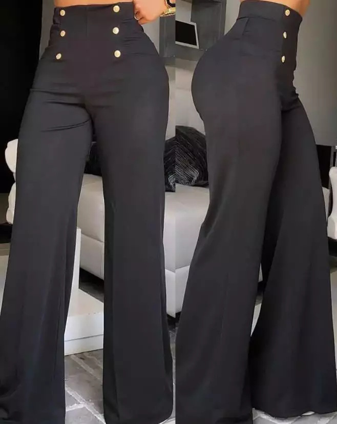 Slim Fit Double Breasted Flared Trousers For Women Elegant Trousers_voghion.com