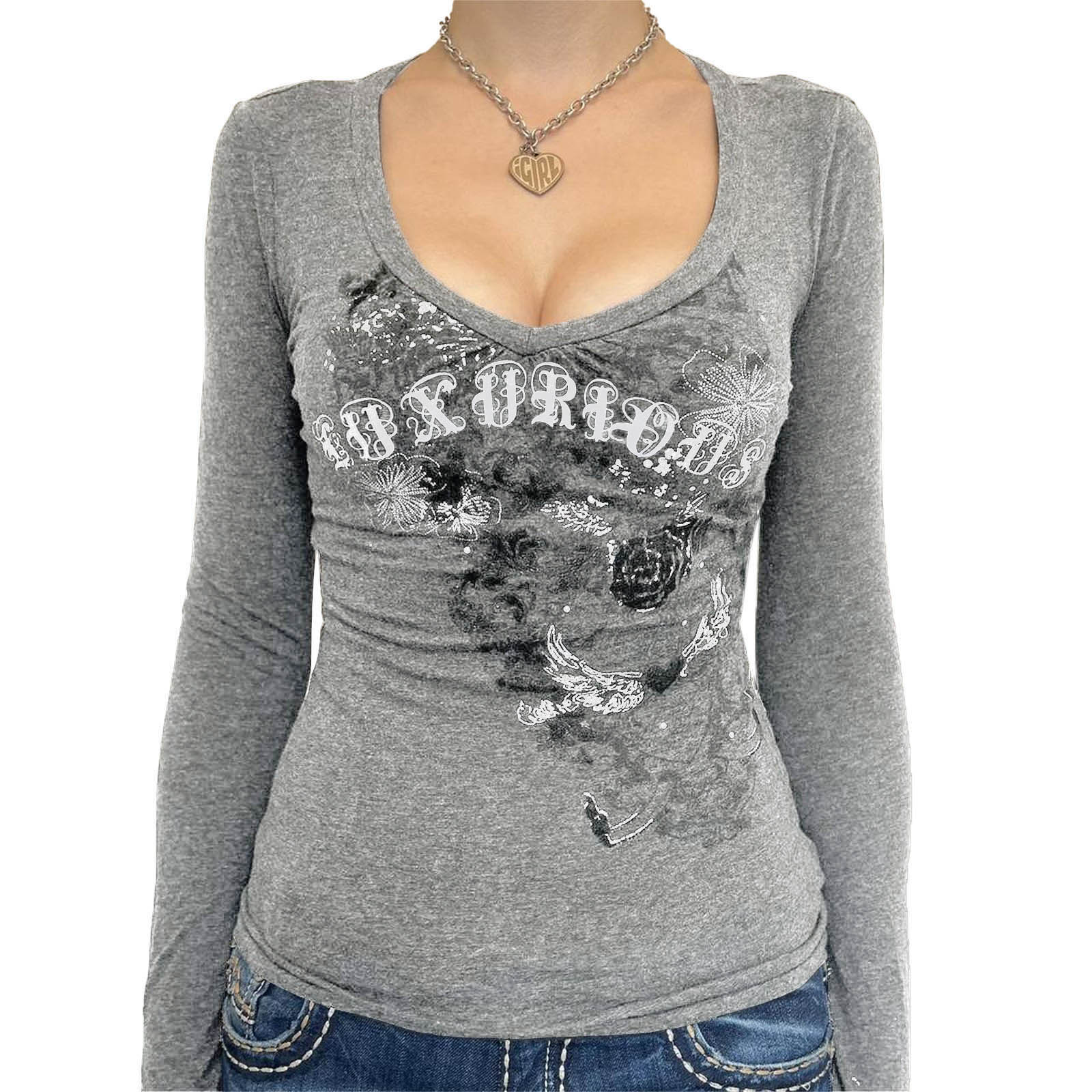 Camiseta con cuello en v de punto con estampado de letras antiguas retro americano para mujer comercio exterior transfronterizo nuevo estilo de punto top de manga larga al por mayor