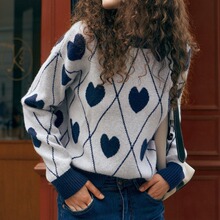 复古菱格爱心刺绣毛衣女秋冬新款宽松欧美风圆领提花套头针织上衣