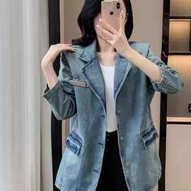 美式复古西装领垫肩牛仔外套女中长款早春秋新款开衫工装夹克上衣