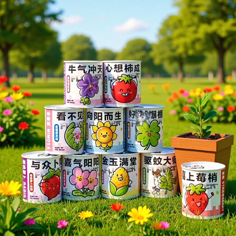 Fun Plant Pots in the Shape of Easy-Open Cans, Creative Text Fruit Seed Cans, Desktop Mini Green Plants DIY Planting Pots
