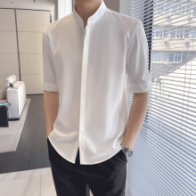 新中式立领男士衬衫短袖夏季痞帅高级感男装七分中袖无领衬衣