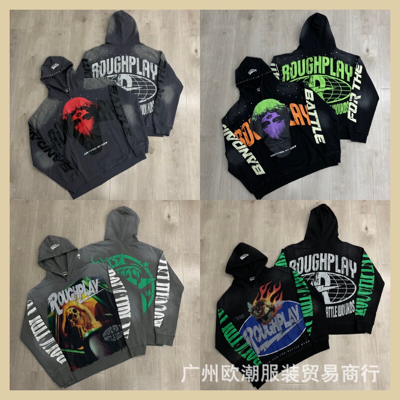 Cross-Border Trendy Brand Roughplay American High Street Style Rhinestone Skull Print Hooded Sweatshirt Unisex Loose Hip-Hop Winter Cross-Border Trendy Brand Roughplay American High Street Style Rhinestone Skull Print Hooded Sweatshirt Unisex Loose Hip-Hop Winter