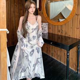 睡衣女吊带长裙性感春夏季法式度假浪漫长袖新娘晨袍冰雪丝睡裙袍