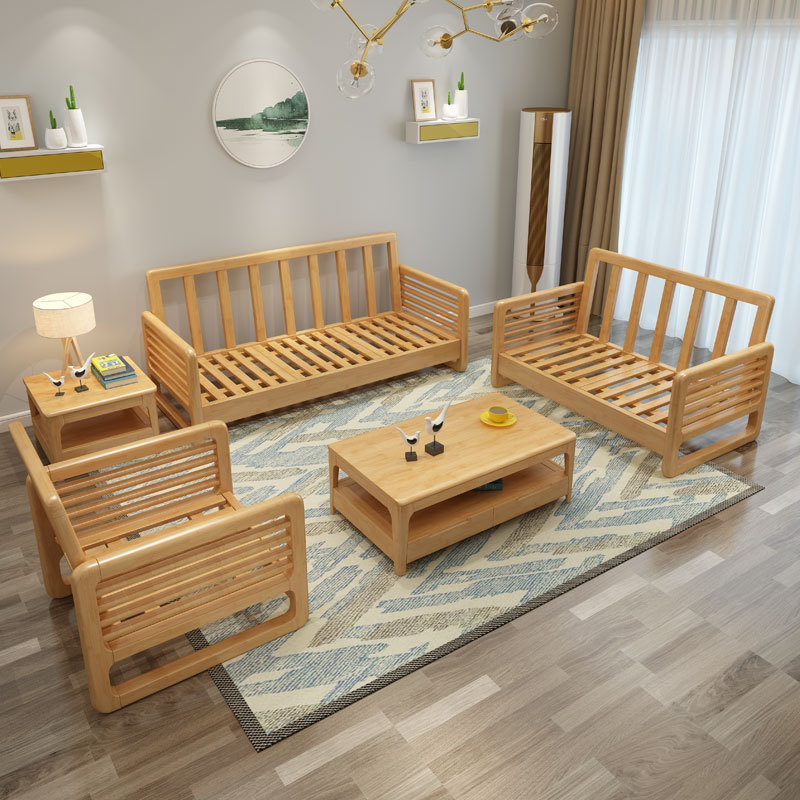 Nórdico sofá de madera maciza combinación simple moderno pequeño apartamento sala de estar de tres asientos sofá de tela de estilo de registro económico