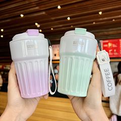 新款304不鏽鋼保溫杯樂享條紋直飲咖啡杯漸變色高顏值車載水杯子