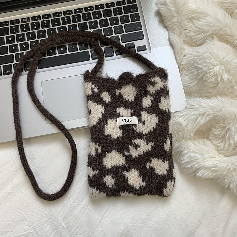 Bolso de teléfono móvil de punto otoño y invierno nuevo estilo versátil coreano Dongdaimen retro estampado de leopardo moda bolso de lana cambio bolso de llaves