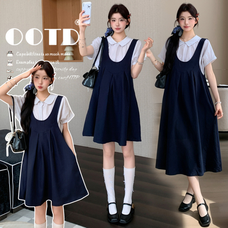 Beautiful Maternity Dresses 2026 New Stylish Non-Obtrusive Maternity Wear Striped Top + Tank Dress Two-Piece Set for Women
