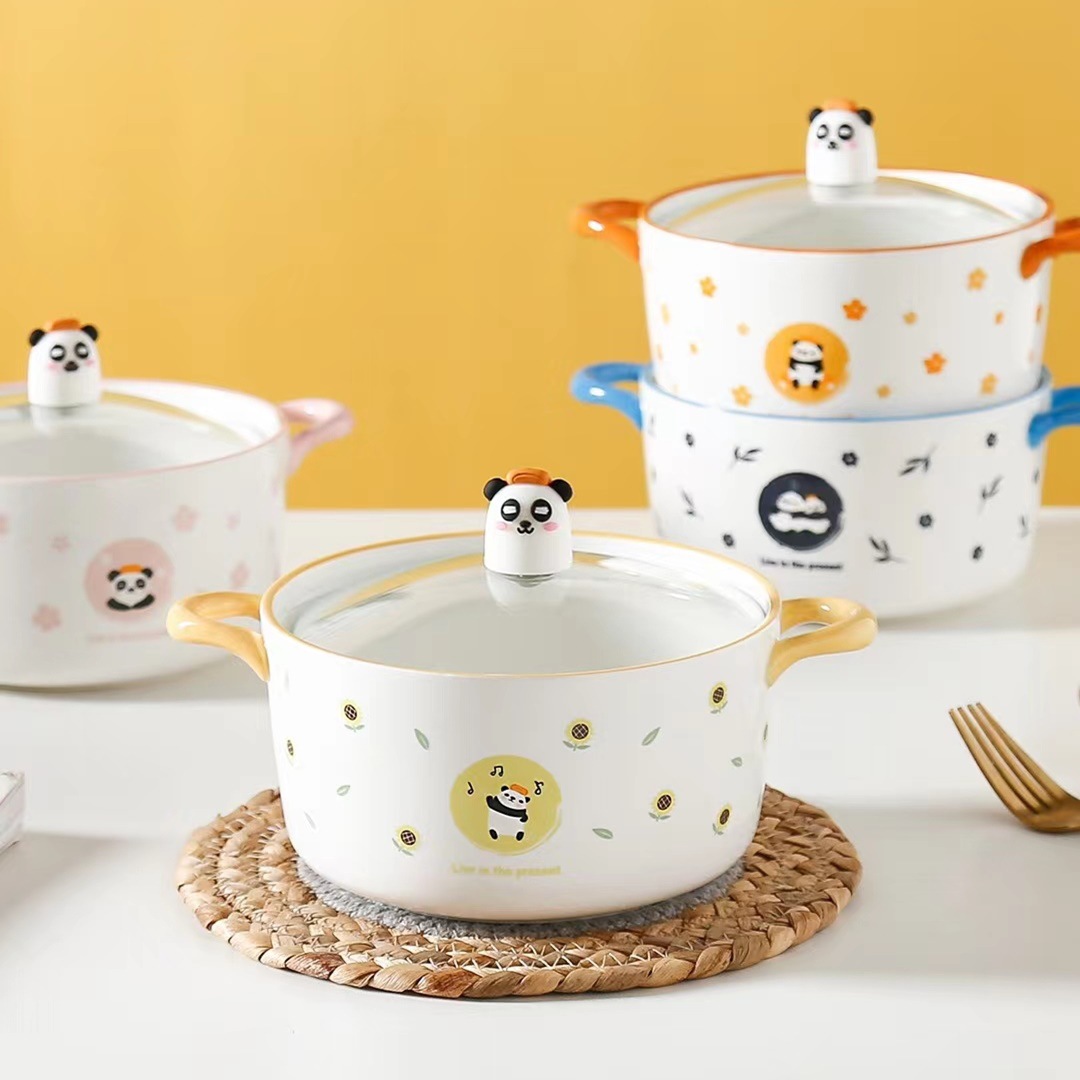 Personalidad creativa lindo Panda de dibujos animados regalo de tazón de fideos personalidad tazón de sopa de cerámica tazón de ensalada coreano con tapa tazón de arroz