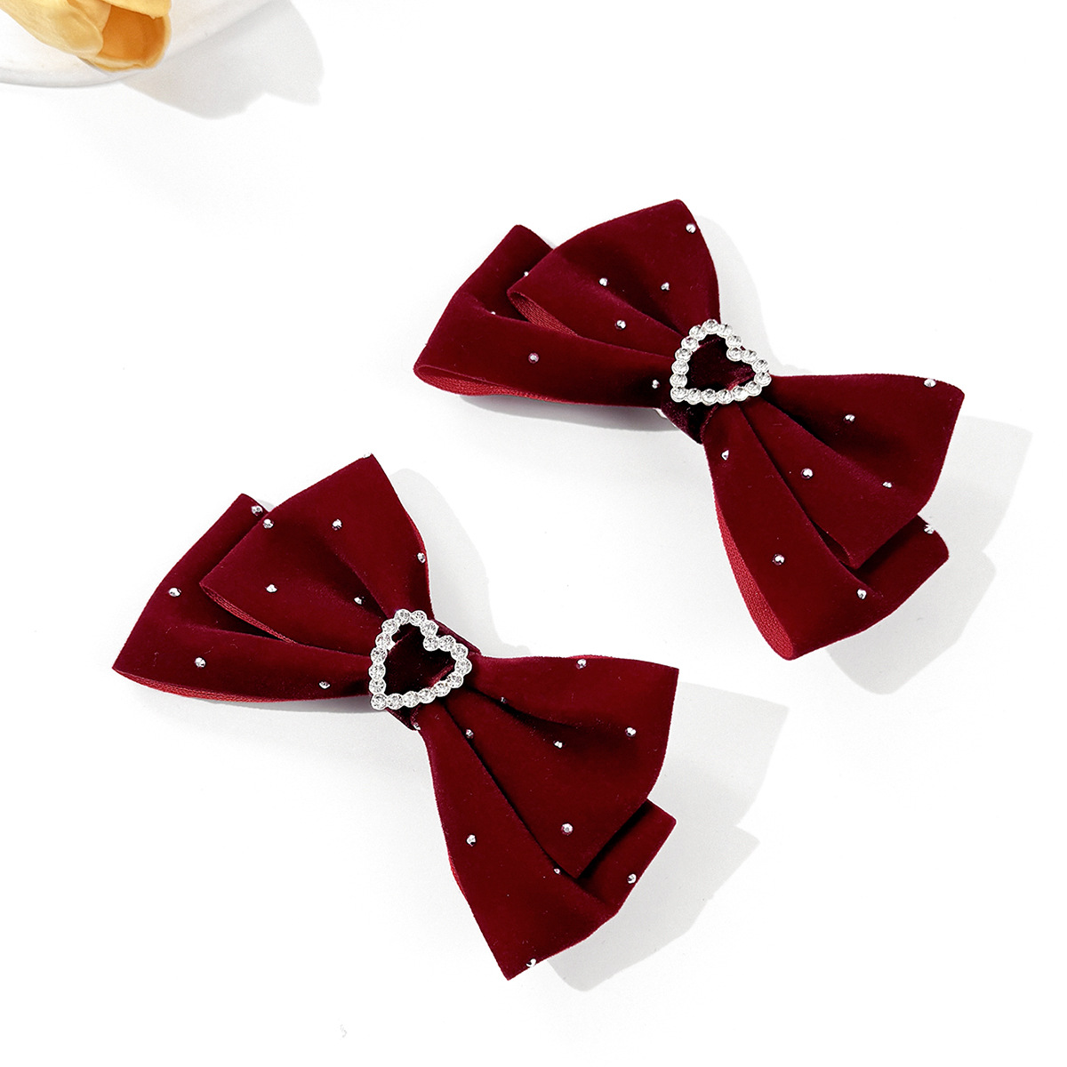 Princess Style Red, Wine Red, Black Color Velvet Hair Clip With Rhinestone Heart Bowknot Girl Side Bangs Clip Lady Hair Accessories Princess
