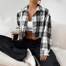 跨境2025欧美新款女装休闲翻领格子衬衫亚马逊单排扣开衫短外套女