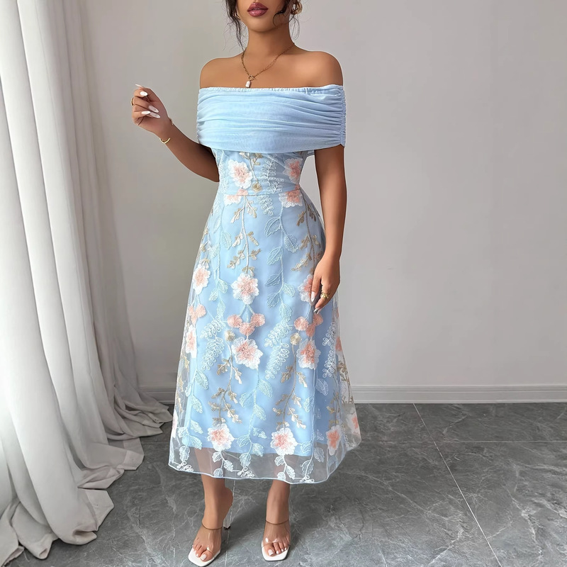 2026 European and American Foreign Trade New Multi-Color Mesh Embroidered Fabric Mesh Embroidery Lace One-Shoulder Dress