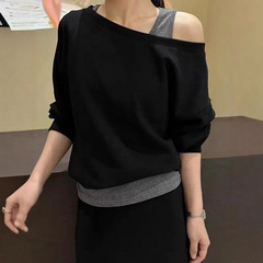 韩系女装设计感黑色假两件斜肩上衣半身长裙宽松显瘦春秋气质套装