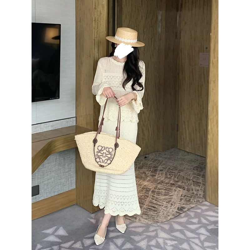 7656浪漫时区小香风淑女针织套装女2025新款镂空上衣长裙子两件套|undefined