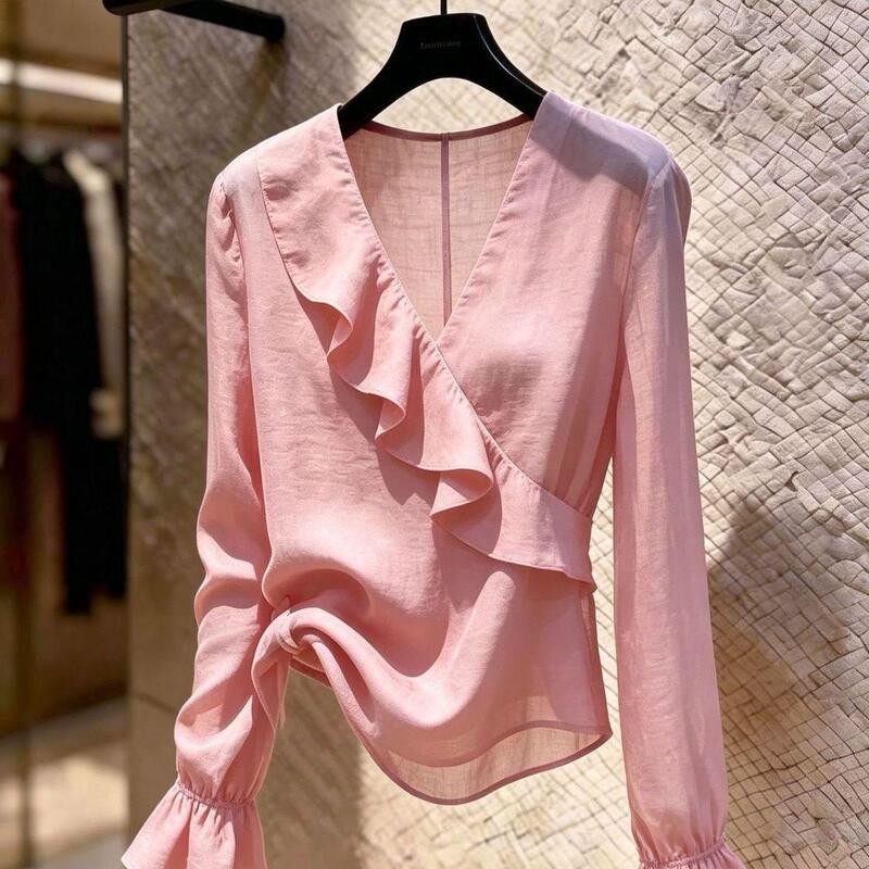 Black V-Neck Ruffled Shirt 2026 Versatile Slimming Long-Sleeved Top Women's Sun Protection Clothing Women's 2026 New Style Black V-Neck Ruffled Shirt 2026 Versatile Slimming Long-Sleeved Top Women's Sun Protection Clothing Women's 2026 New Style