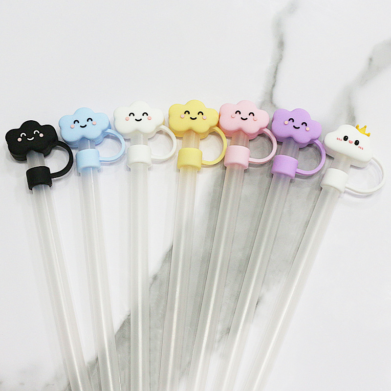 Silicona transfronteriza 8-10mm nube blanca corona tapa de pajita cara sonriente muñeca de dibujos animados tapón de polvo cubierta protectora de pajita al por mayor