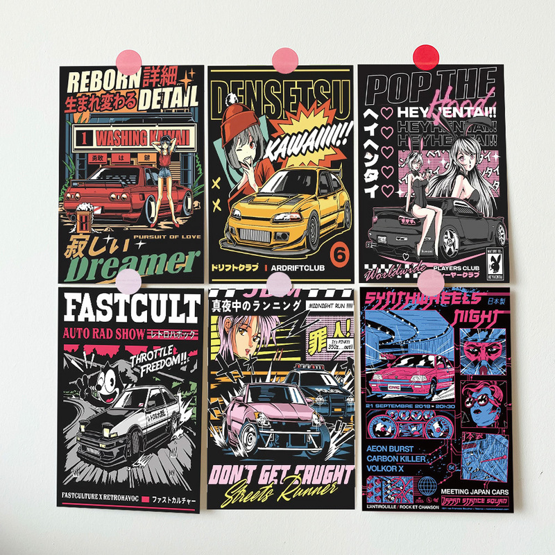 10 Japanese Comic Car Poster Cards Cool Postcards Dormitory Room Bedroom Desktop Decorative Wall Stickers