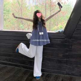 韩系复古蓝白格子背心无袖上衣女设计感宽松显瘦系带娃娃小衫夏季