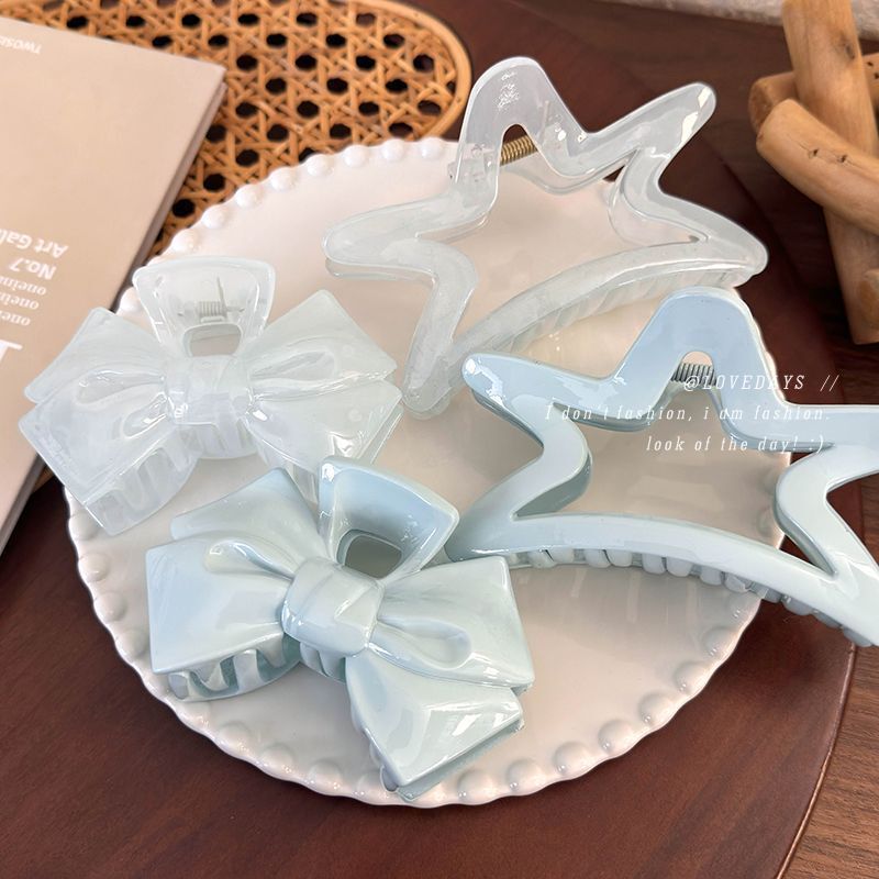 French-Style Sweetheart Cream Blue Bow Five-Pointed Star Hair Clip for Girls, Hair Claw, Shark Clip, Back of the Head Hair Accessory