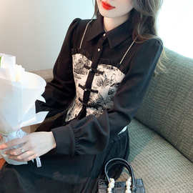 新中式假两件衬衫女春款设计感小众国风盘扣黑色长袖上衣2024新款