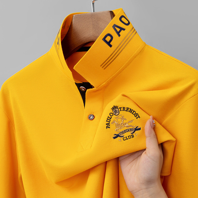 Silk-Gloss Cotton Men's Long-Sleeve Polo Shirt with Embroidered Pony Logo, Turn-Down Collar T-Shirt, Middle-Aged Business Casual Top, Physical Goods