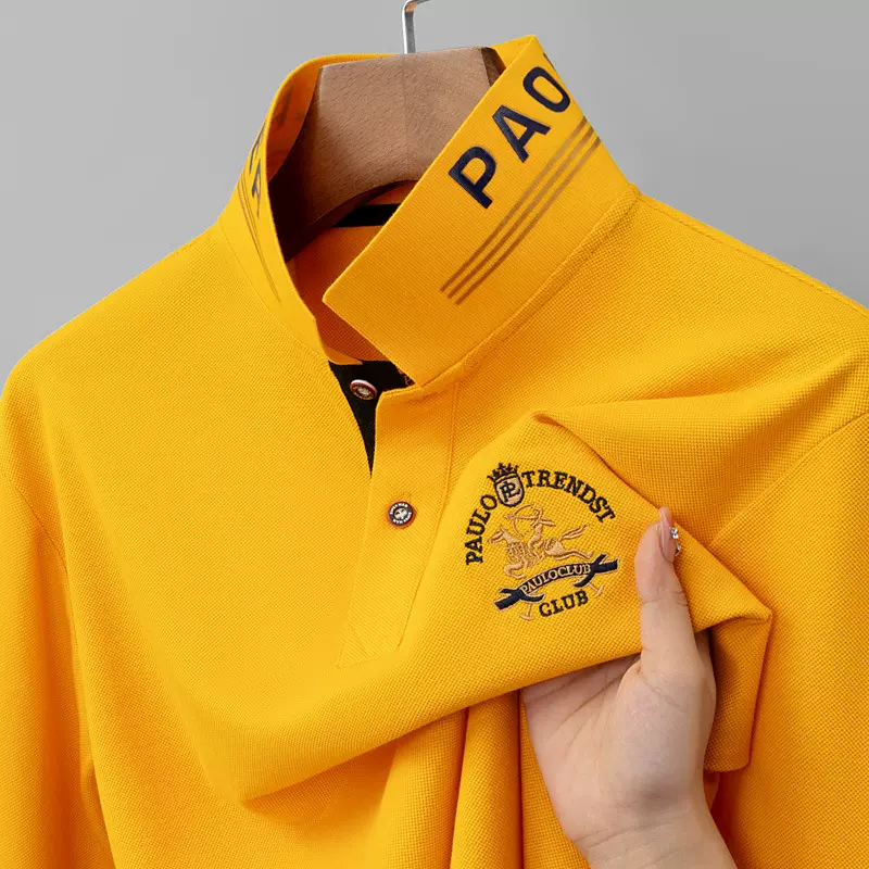 六角珠丝光棉男士刺绣小马标长袖polo衫男休闲翻领上衣保罗体恤衫