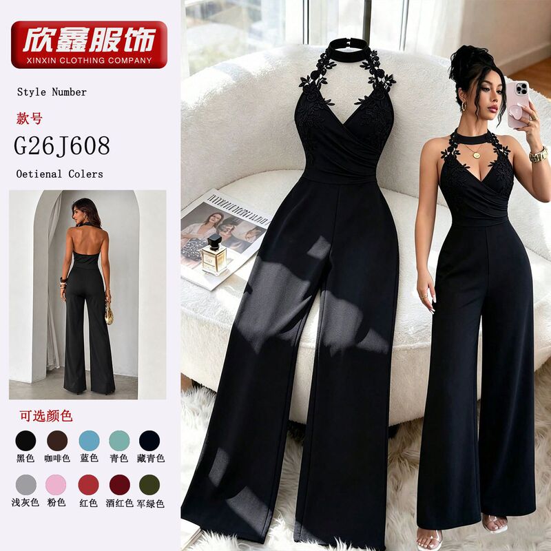 Cross-Border European and American Women's Fashion Foreign Trade Sleeveless Jumpsuit V-Neck Lace Slimming Wide-Leg Pants Party Dress Jumpsuit