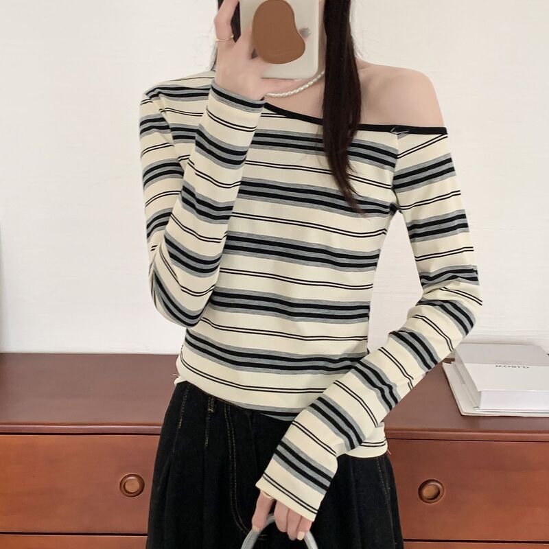 法式露锁骨条纹别致一字肩上衣女早秋新款小众设计长袖T恤打底衫|undefined