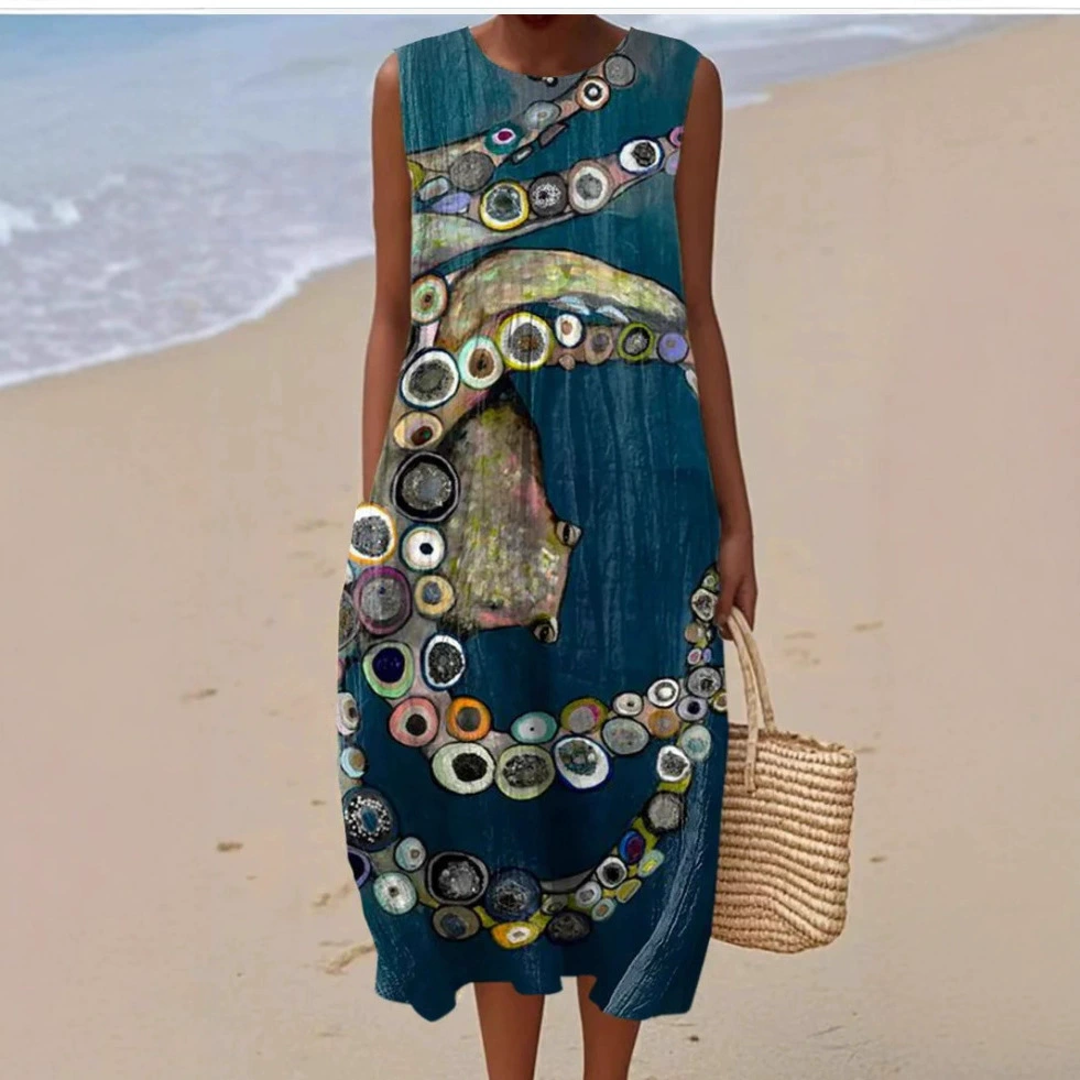 2025 Европейская и американская весенне-летняя новая повседневная элегантная длинная юбка без рукавов с принтом, облегающая маленькая свежая повседневная юбка