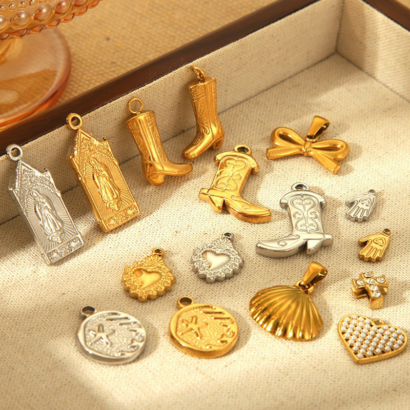 Cross Border Hot Sale Vintage Personalized Stainless Steel Gold Plated Pearl Love Western Denim Boots Butterfly Cross Pendant