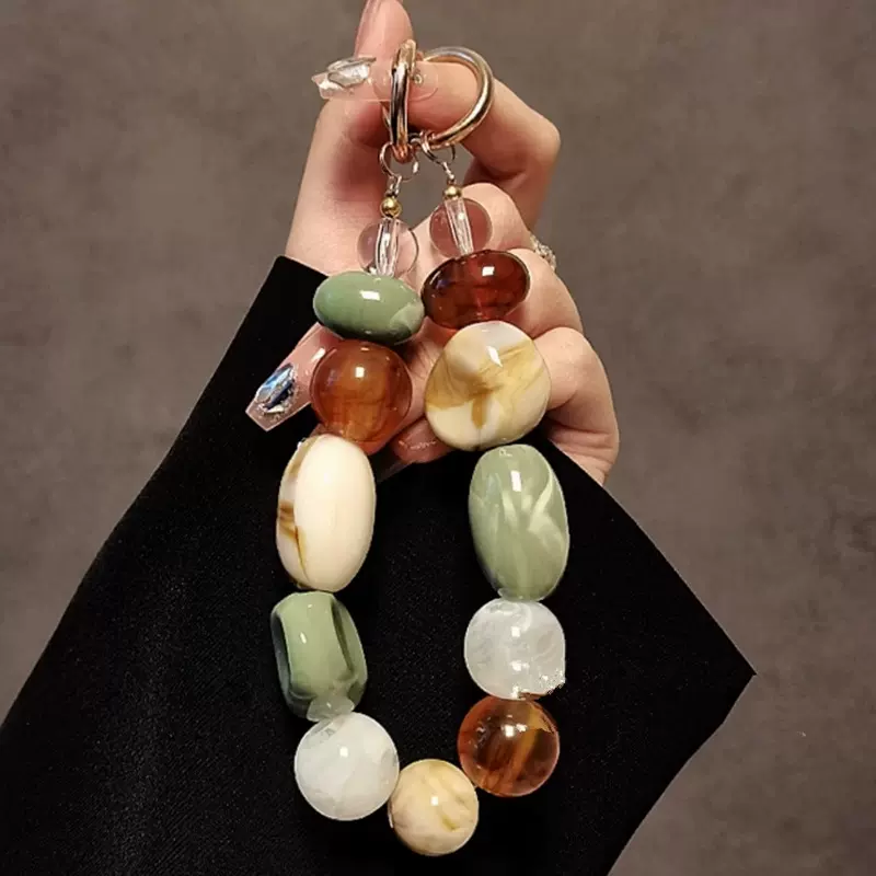 亚克力晕染不规则几何串珠钥匙扣民族风复古手机链小众设计感配饰