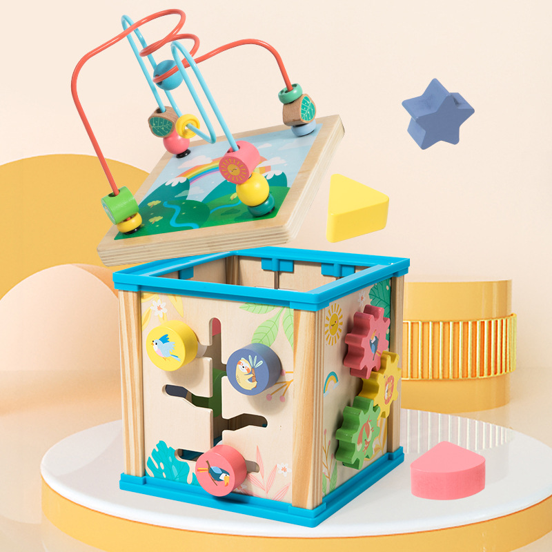 Diversión 7-en-1 multi-funcional de seis lados pintura cuentas redondas tesoro pecho ejercicio bebé pensando lógica educación temprana juguetes educativos