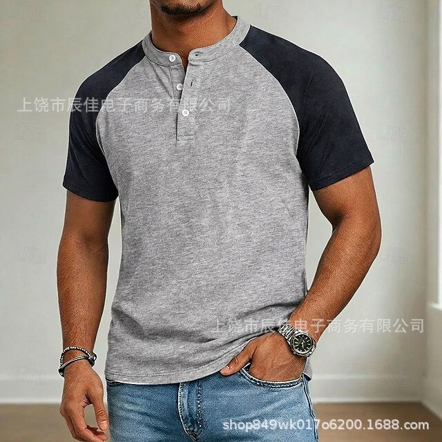 26 Amazon Y2 Cross-Border Spring and Summer New Men's Henry Collar T-Shirt Vintage Washed Pullover Casual Short-Sleeve Shirt