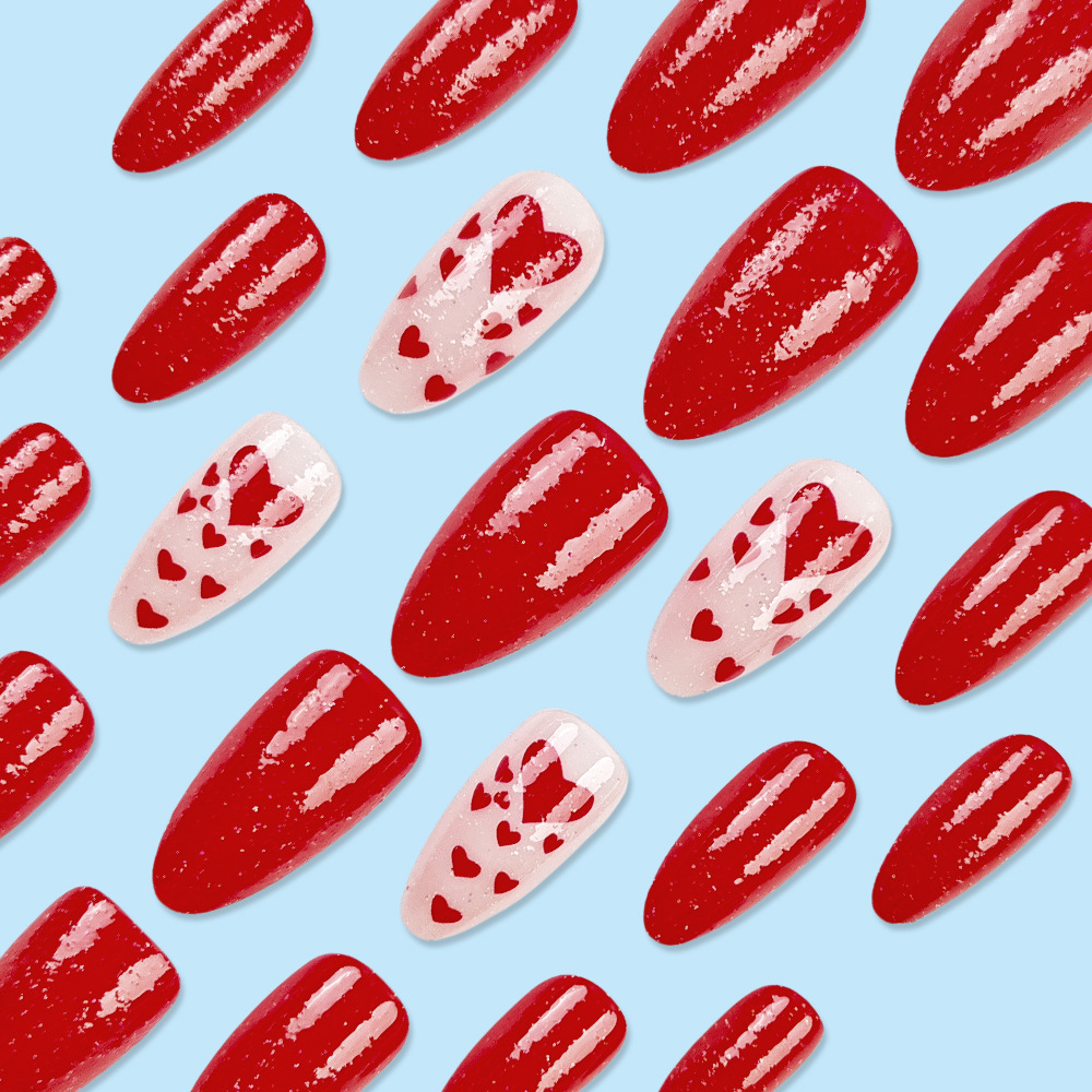 Día de San Valentín de venta transfronteriza manicure rojo simple tipo almendra parche de uñas amor polvo brillante usar manicure