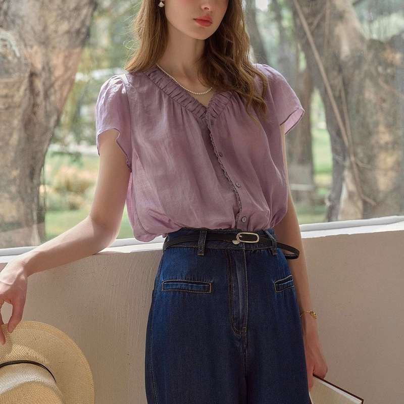 French Retro Taro Purple Shirt for Women Summer 2025 New Design Niche Ramie V-Neck Short-Sleeved Top French Retro Taro Purple Shirt for Women Summer 2025 New Design Niche Ramie V-Neck Short-Sleeved Top