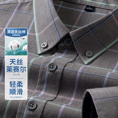 2025春季新款高档天丝棉翻领男士衬衫中年休闲通勤格子衬衫男批发