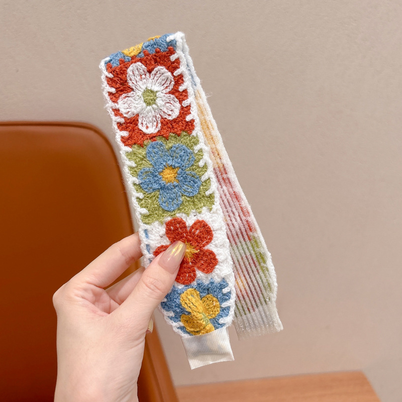 Otoño y invierno flores trituradas de punto Velcro cinta de cabello de alta calidad para mujeres frangeas acabado de cabello de artefacto de la niña bandas de cabello tocado