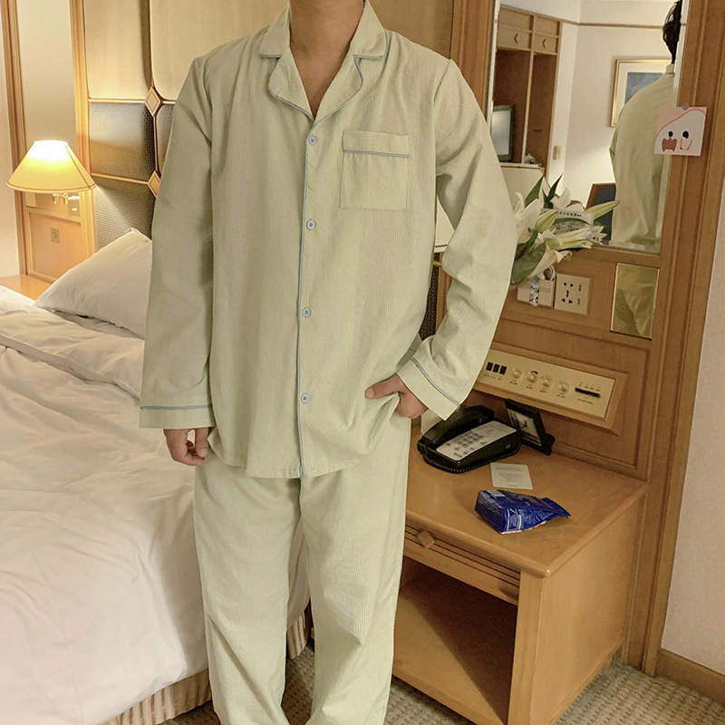 Real Shot#New Product#Men's Comfortable Loose Striped Early Autumn Pajamas Home Clothes Set_Blue