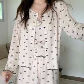 韩国ins女士早秋轻薄减龄蝴蝶结三件套短裤家居服睡衣套装甜美女