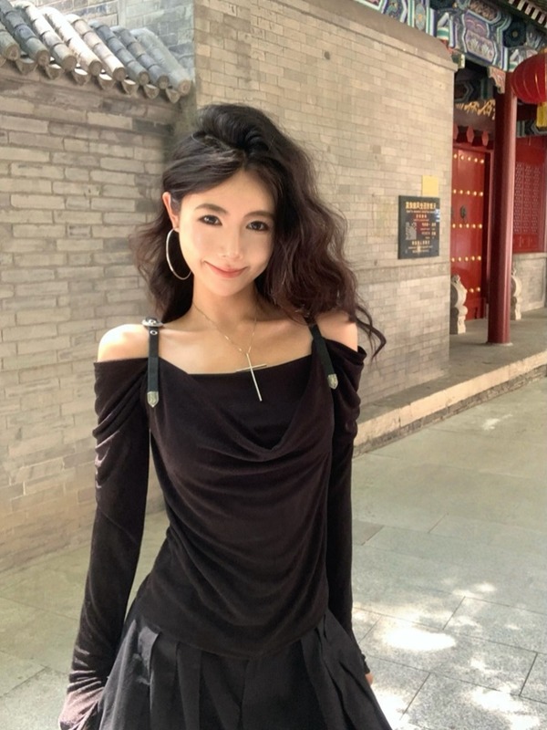 设计感气质露肩长袖T恤女装秋季收腰显瘦荡领上衣内搭白色打底衫|undefined