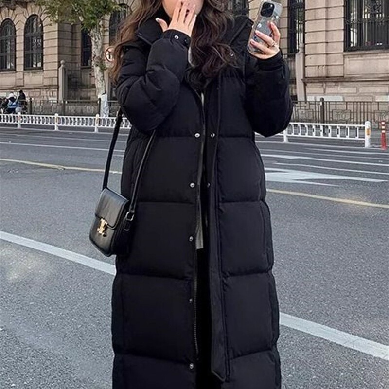 Plus-Size Couple's Mid-Length Coat 2025 New Winter Black Extra-Long Cotton-Padded Jacket for Women, Over-The-Knee Thickened with Hood