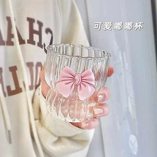 粉色蝴蝶结高硼硅耐热玻璃水杯竖条纹胖胖杯少女心