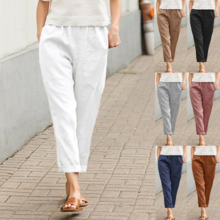 2022 Amazon wish plus size women's cotton and linen casual pants women's solid color cropped pants loose pocket harem pants women