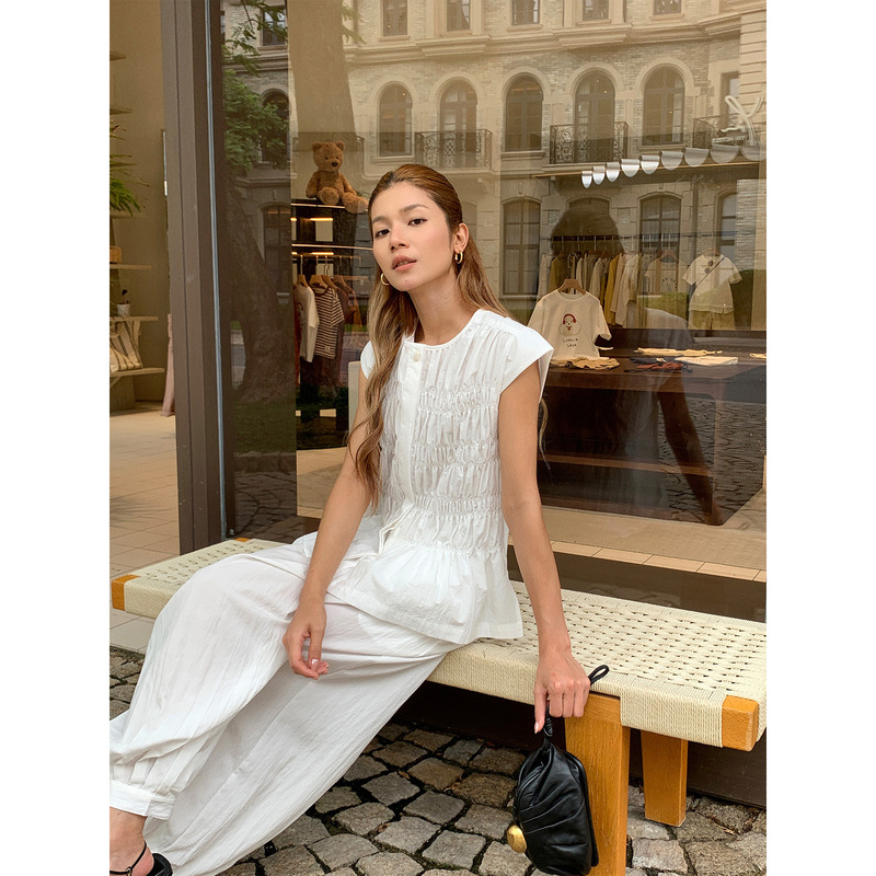 Comos Cms Tencel Linen Round Neck Three-Dimensional Ruched Flutter Sleeve Babydoll Blouse 2026 Summer 258720 Comos Cms Tencel Linen Round Neck Three-Dimensional Ruched Flutter Sleeve Babydoll Blouse 2026 Summer 258720
