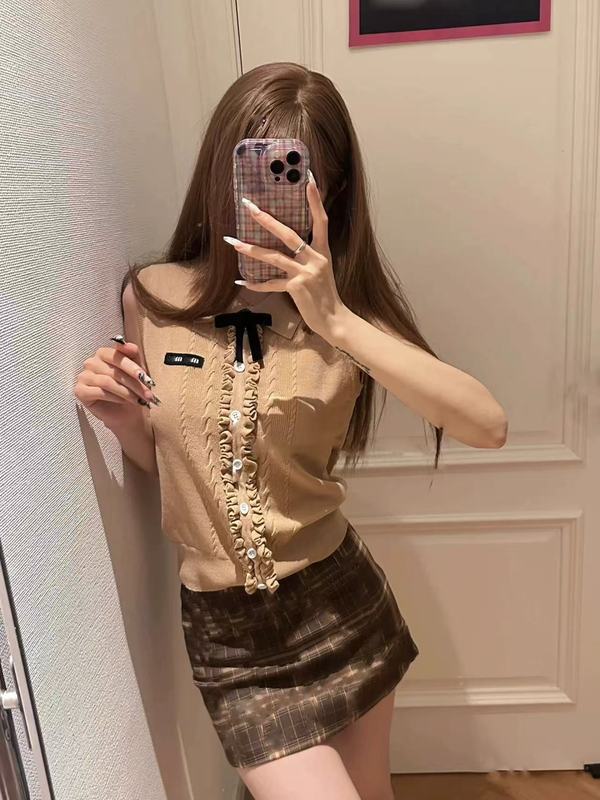 学院风翻领针织毛衣背心女2025夏季新款修身辣妹木耳边无袖上衣|undefined